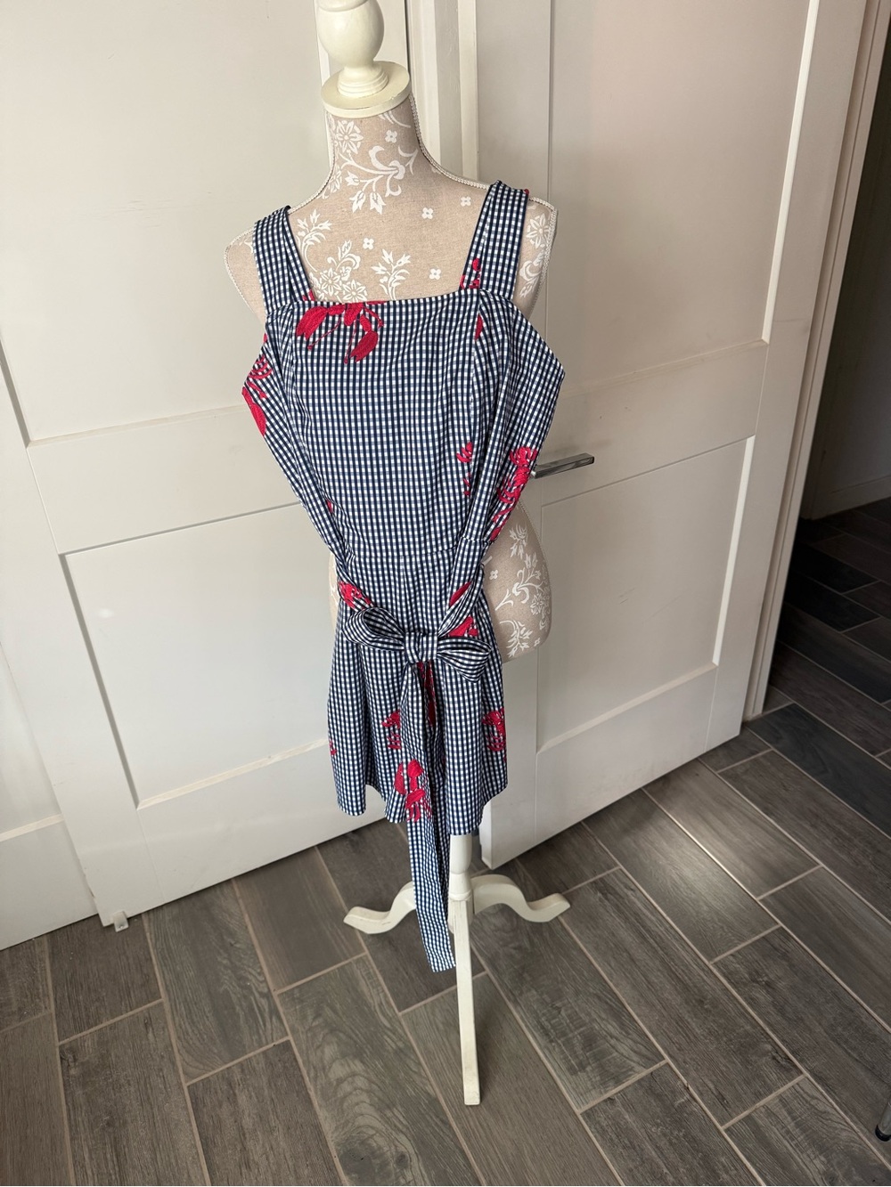 Gingham Navy Blue Jumpsuit with Red Floral Print